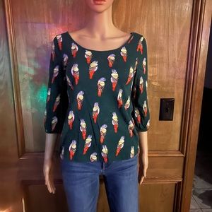 Anthropologie Dark green quarter sleeve bird shirt with parrots on it
